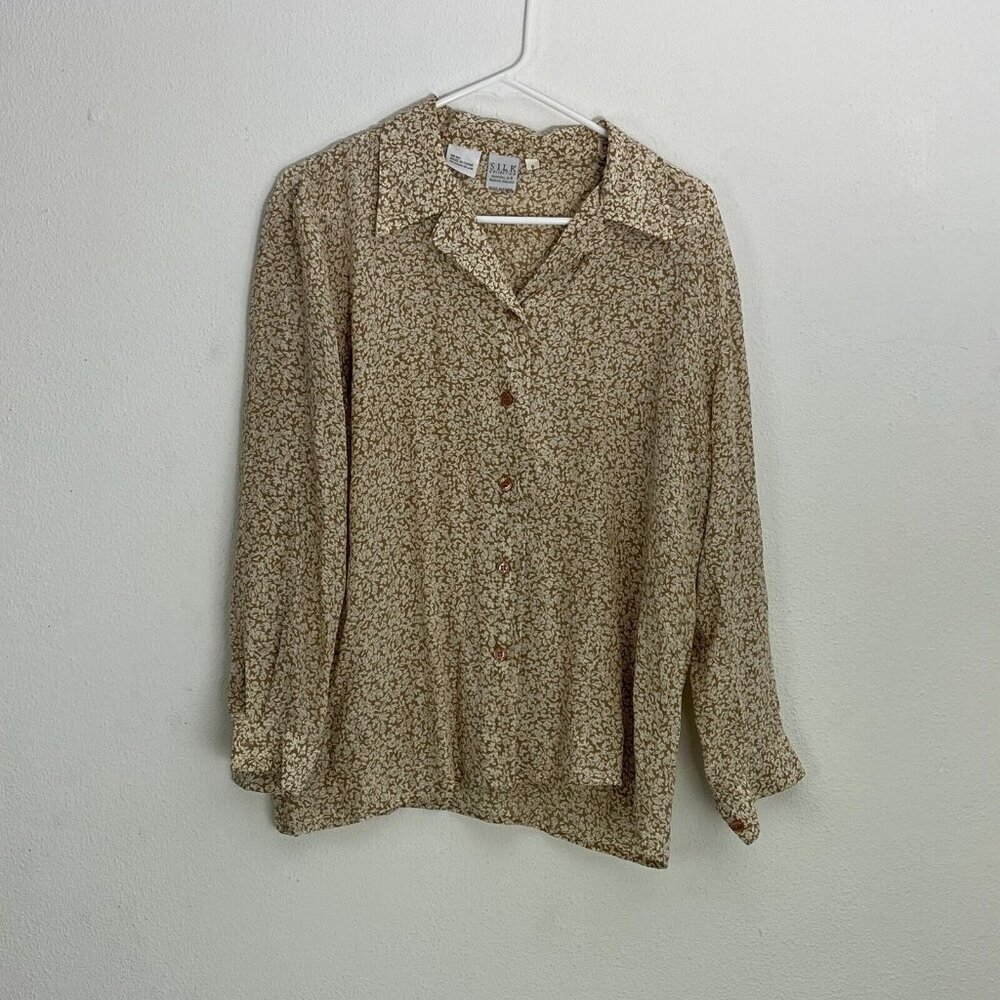Wintersilk Silk Collection Womens Brown Floral Print Long Sleeve Shirt Size 8